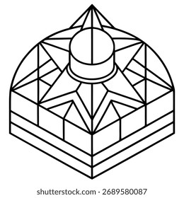 Isometric art deco building design, showcasing geometric shapes and vintage architectural style