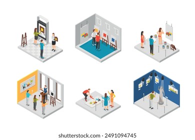 Isometric art exhibition. Creative flash mob, artists at work process in gallery. Digital museum exhibits, visitors and creators, flawless vector scenes authors creation