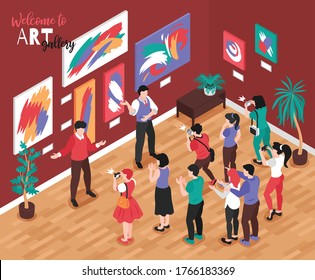 Isometric Art Gallery Composition With Indoor Exhibition Scenery Paintings On Wall Curators And Visitors With Photographers Vector Illustration