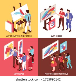 Isometric art gallery design concept with 2x2 set of compositions with exhibition participants artists and paintings vector illustration