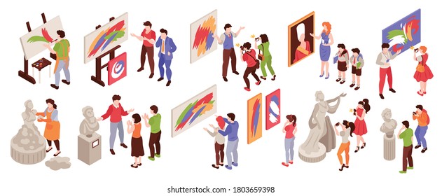 Isometric art gallery icon set with human characters of artists and exhibition visitors on blank background vector illustration