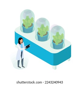 Isometric artificial food icon with female researcher and plants growing in laboratory 3d vector illustration