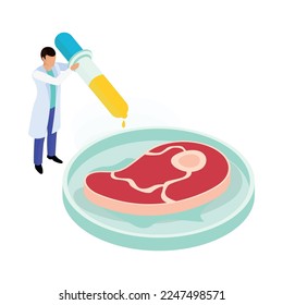 Isometric artificial food icon with steak and laboratory worker 3d vector illustration