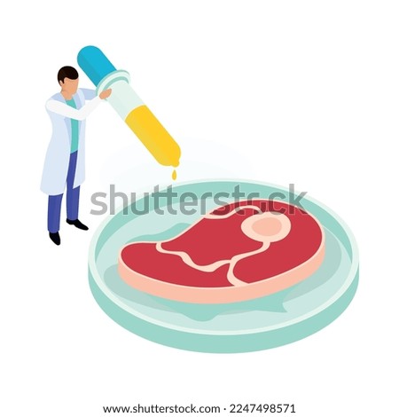 Isometric artificial food icon with steak and laboratory worker 3d vector illustration