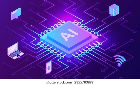 Isometric artificial intelligence, ai analysis with processor chip.