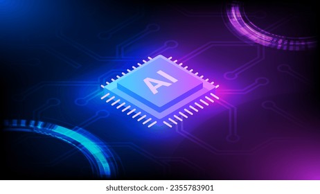 Isometric artificial intelligence, ai analysis with processor chip.