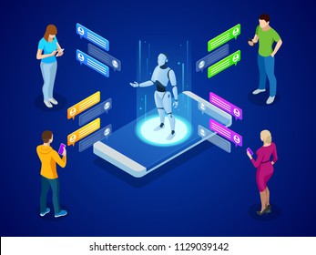 Isometric Artificial Intelligence. AI And Business IOT Concept. Mans And Women Chatting With Chatbot Application.