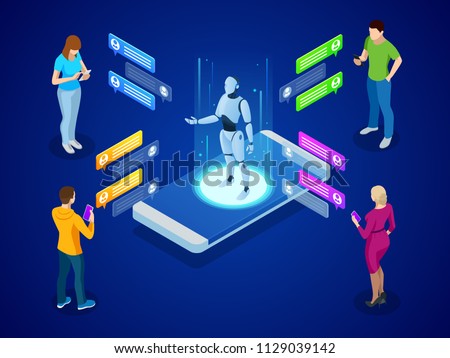 Isometric artificial intelligence. AI and business IOT concept. Mans and women chatting with chatbot application.