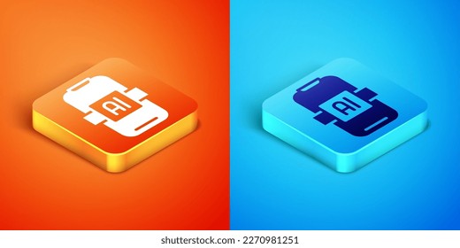 Isometric Artificial intelligence AI icon isolated on orange and blue background. Machine learning, cloud computing, automated support assistance and networks. Vector