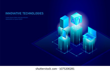 Isometric artificial intelligence business concept. Blue glowing isometric personal information data connection pc smartphone future technology. 3D infographic vector illustration