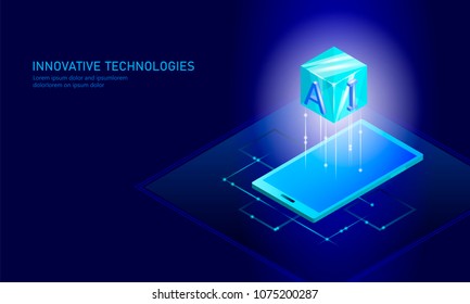 Isometric artificial intelligence business concept. Blue glowing isometric personal information data connection pc smartphone future technology. 3D infographic vector illustration