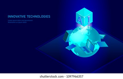 Isometric artificial intelligence business concept. Blue glowing isometric personal information data connection planet Earth future technology. 3D infographic vector illustration