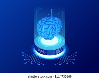 Isometric artificial intelligence business concept. Technology and engineering concept, data connection pc smartphone future technology.