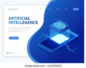 Isometric artificial intelligence business concept. Technology and engineering concept, data connection pc smartphone future technology.