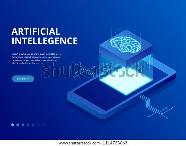 Isometric artificial intelligence business\
concept. Technology and engineering concept, data connection pc\
smartphone future\
technology.