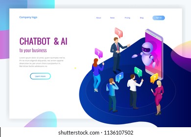 Isometric artificial intelligence. Chat bot and future marketing. AI and business IOT concept. Mans and women chatting with chatbot application. Dialog help service. Vector illustration.