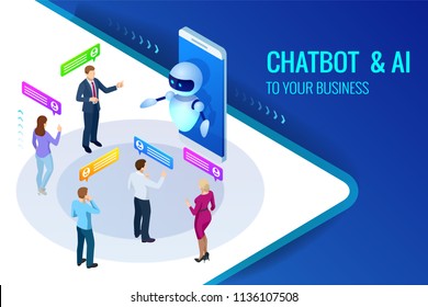 Isometric artificial intelligence. Chat bot and future marketing. AI and business IOT concept. Mans and women chatting with chatbot application. Dialog help service. Vector illustration.