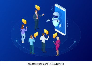 Isometric artificial intelligence. Chat bot and future marketing. AI and business IOT concept. Mans and women chatting with chatbot application. Dialog help service. Vector illustration.
