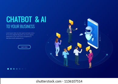 Isometric artificial intelligence. Chat bot and future marketing. AI and business IOT concept. Mans and women chatting with chatbot application. Dialog help service. Vector illustration.