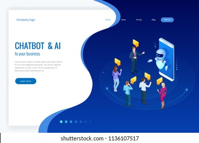 Isometric artificial intelligence. Chat bot and future marketing. AI and business IOT concept. Mans and women chatting with chatbot application. Dialog help service. Vector illustration.