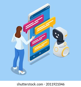 Isometric artificial intelligence. Chat bot and future marketing. AI and business IOT concept. Mans and women chatting with chatbot application. Dialog help service.