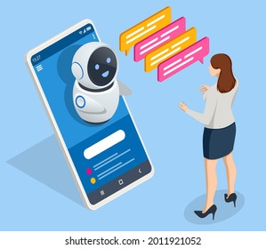 Isometric artificial intelligence. Chat bot and future marketing. AI and business IOT concept. Mans and women chatting with chatbot application. Dialog help service.