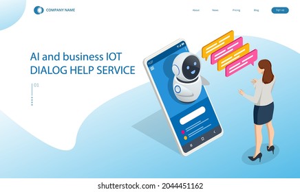 Isometric Artificial Intelligence. Chat Bot And Future Marketing. AI And Business IOT Concept. Chatting With Chatbot Application. Dialog Help Service.