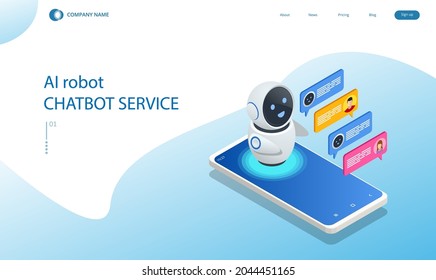 Isometric Artificial Intelligence. Chat Bot And Future Marketing. AI And Business IOT Concept. Chatting With Chatbot Application. Dialog Help Service.