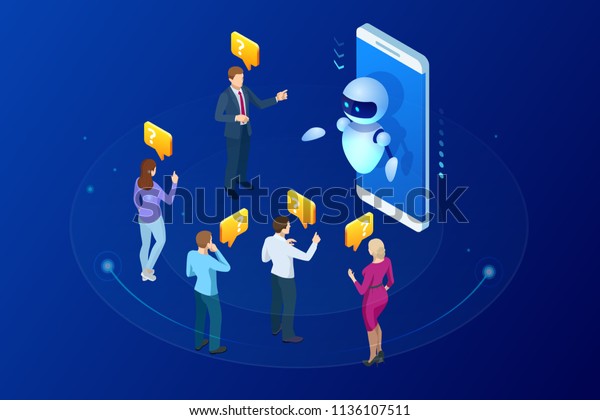 Isometric artificial intelligence. Chat bot\
and future marketing. AI and business IOT concept. Mans and women\
chatting with chatbot application. Dialog help service. Vector\
illustration.
