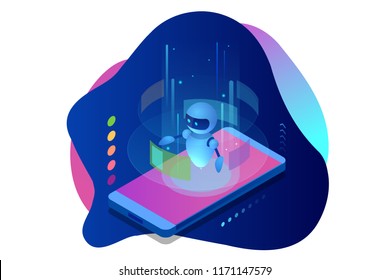 Isometric Artificial Intelligence. Chatbot and future marketing. AI and business IOT concept. Dialog help service. Vector illustration.