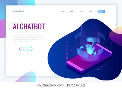 Isometric Artificial Intelligence. Chatbot and future marketing. AI and business IOT concept. Dialog help service. Vector illustration.