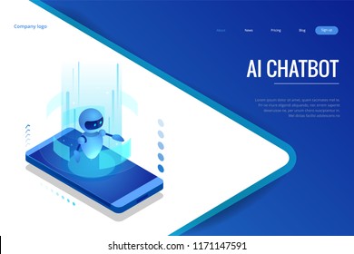 Isometric Artificial Intelligence. Chatbot and future marketing. AI and business IOT concept. Dialog help service. Vector illustration.