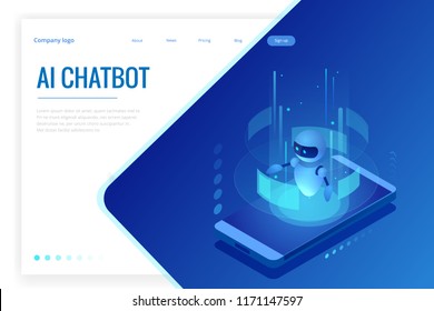 Isometric Artificial Intelligence. Chatbot and future marketing. AI and business IOT concept. Dialog help service. Vector illustration.