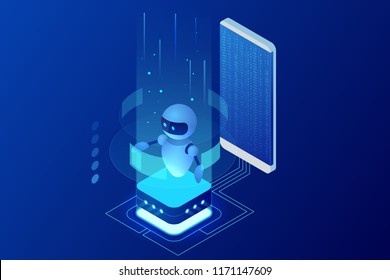 Isometric Artificial Intelligence. Chatbot and future marketing. AI and business IOT concept. Dialog help service. Vector illustration.