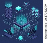 Isometric artificial intelligence chip concept. Artificial intelligence server. Futuristic microchip processor. Isometric cloud computing. Isometric technology