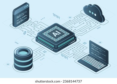 Isometric artificial intelligence chip concept. Artificial Intelligence server. Futuristic microchip processor. Isometric cloud computing. Vector illustration