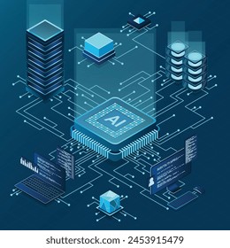 Concepto de chip de inteligencia artificial isométrica. Servidor de inteligencia artificial. Procesador de microchip futurista. Computación isométrica en la nube. Ilustración vectorial