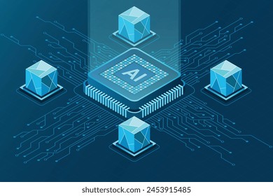 Isometric artificial intelligence chip concept. Artificial intelligence concept. Futuristic microchip processor. Vector illustration
