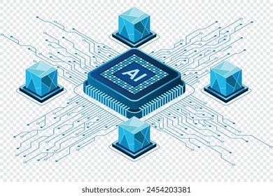 Concepto de chip de inteligencia artificial isométrica. Concepto de inteligencia artificial. Procesador de microchip futurista. Ilustración vectorial