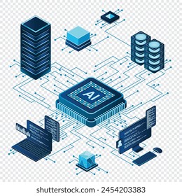 Concepto de chip de inteligencia artificial isométrica. Servidor de inteligencia artificial. Procesador de microchip futurista. Computación isométrica en la nube. Ilustración vectorial