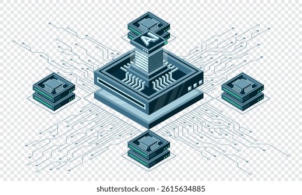 Isometric artificial intelligence chip concept. Artificial intelligence concept. Futuristic microchip processor. Isometric technology