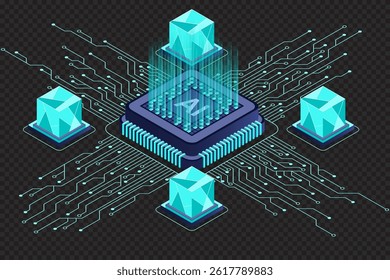 Isometric artificial intelligence chip concept. Artificial intelligence concept. Futuristic microchip processor. Isometric technology