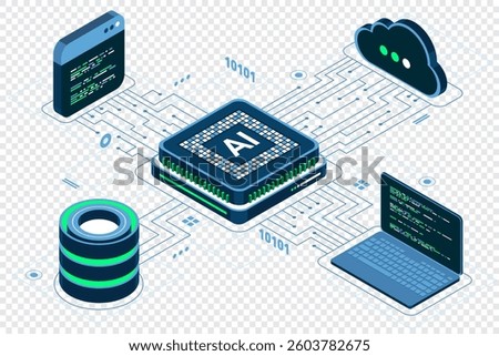 Isometric artificial intelligence chip concept. Artificial Intelligence server. Futuristic microchip processor. Isometric cloud computing. Isometric technology