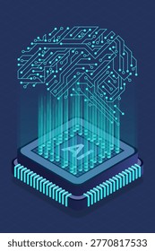 Isometric artificial intelligence chip. Isometric machine learning. Futuristic microchip processor. AI chip. Data processing. Neural computing. Brain technology