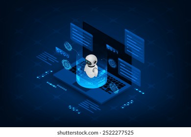 Isometric Artificial intelligence chip on a laptop with robot. Abstract digital technology innovation background.	