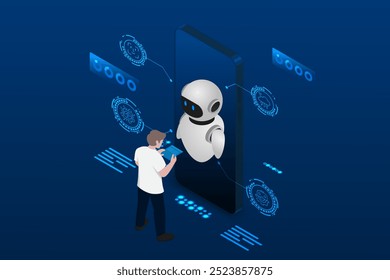 Isometric Artificial intelligence chip on a mobile phone with robot. Abstract digital technology innovation background.