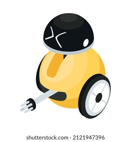 Isometric artificial intelligence composition with isolated image of robot with wheels and plug vector illustration