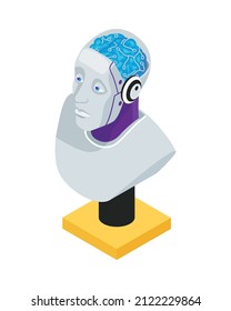 Isometric artificial intelligence composition with isolated image of human like robot bust vector illustration