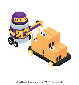 Isometric artificial intelligence composition with isolated image of robot moving cart with boxes vector illustration