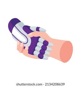 Composición de inteligencia artificial isométrica con imagen aislada de la imagen robótica y de las manos humanas que sacuden la ilustración vectorial
